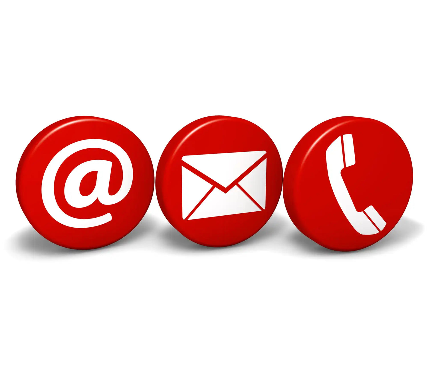 Three red circular icons showing an @ symbol, envelope, and telephone handset for contact methods.